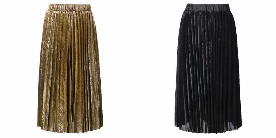 Green Gold Black Silver Sequined Pleated High Waist Midi Skirt