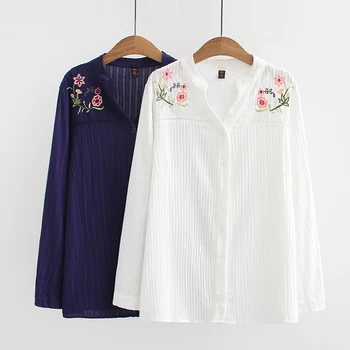 

2019 Oversized Plus Size Striped Long Sleeve Cotton Blouses Women Casual Shirt Spring Autumn Ladies Women Embroidery Shirts