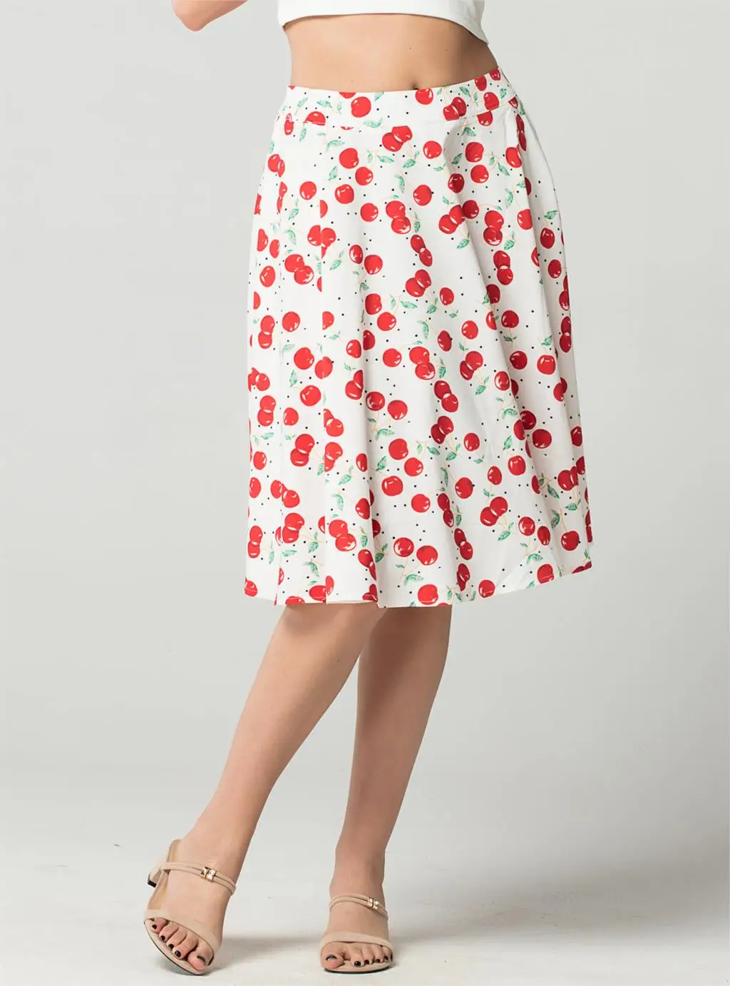 Summer Women Casual High Quality Sweet Skirt Fashion Cherry Print Streetwear Knee-Length Vintage Pleated Skirt FICUSRONG