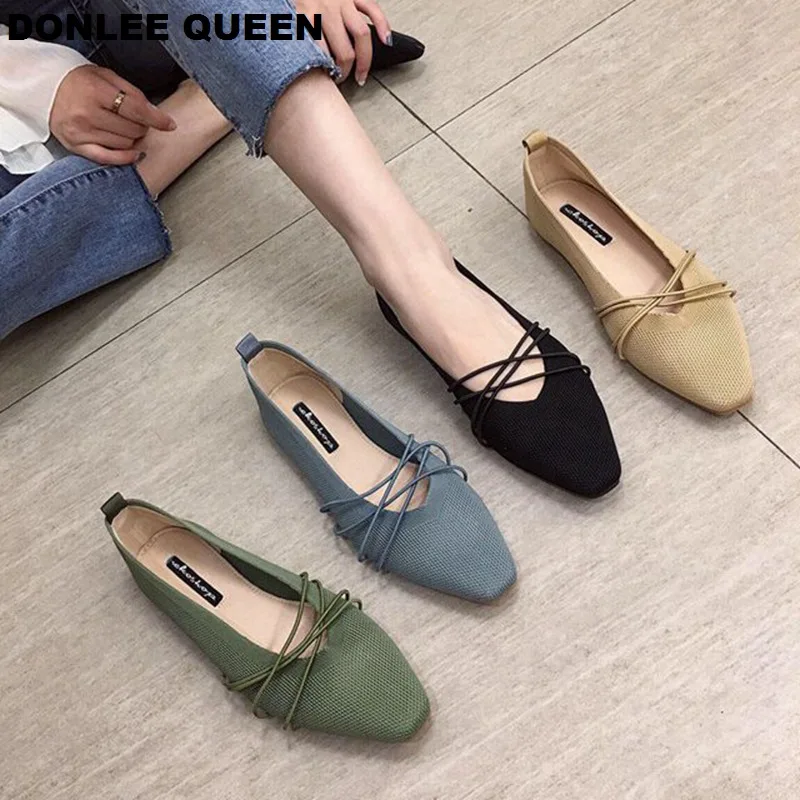 

New Women Casual Flats Ballerina Shoes Brand Shallow Pointed Toe Ballet Female Boat Shoes Breathable stretch knit Moccasins Shoe