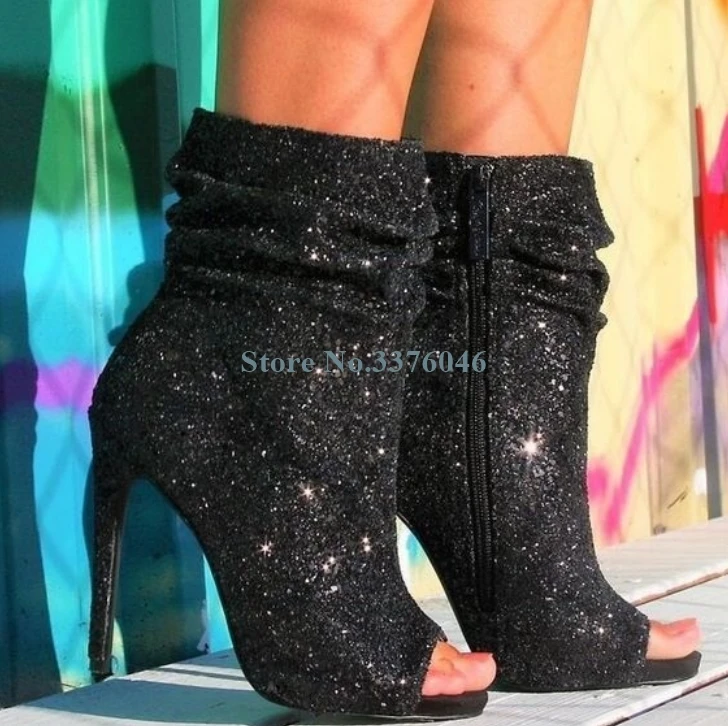 

Peep Toe Shining Paillette Thin High Heel Sandals Boots Black Pink White Bling Bling Sequined Pleated Ankle Boots Summer Shoes