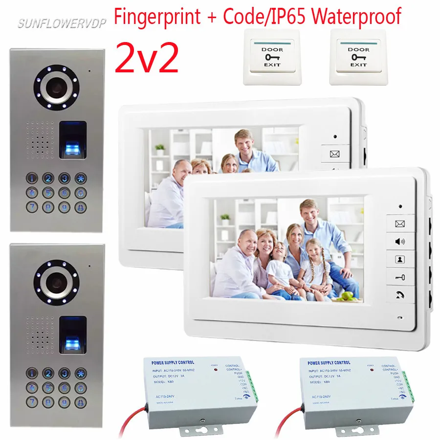 2V2 отпечатков пальцев видеодомофоны IP65 Водонепроницаемая клавиатура 2 дверной звонок и двери Камера 2 Мониторы видео-Главная Дверь