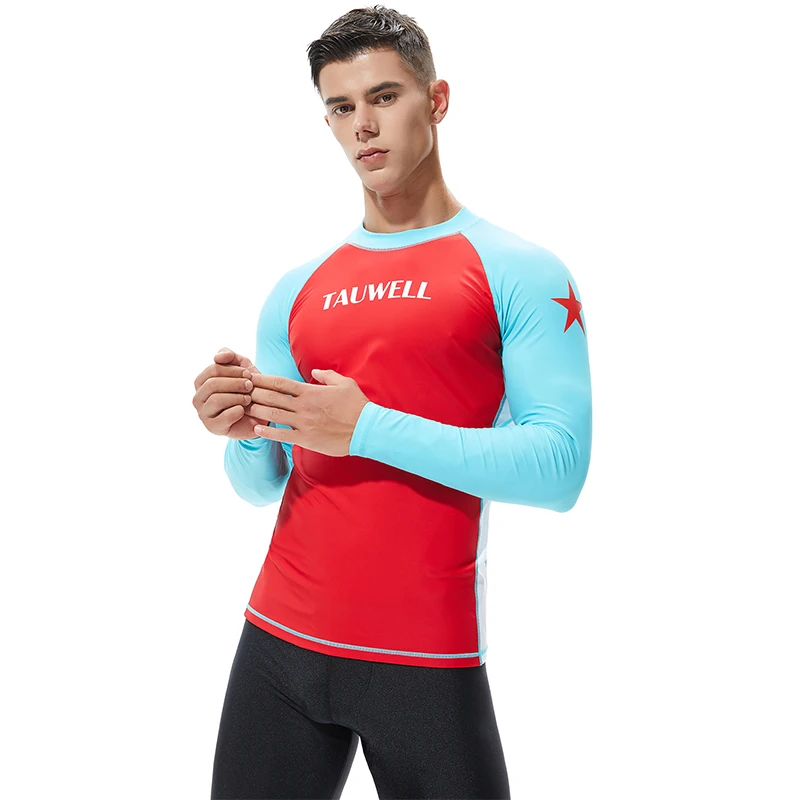 

Men Long Sleeve Swimming Skinny T-shirts Rash Guard Sky Blue Red Patchwork Rashguard Swim Surf Shirts Man Long Swimsuit Tees