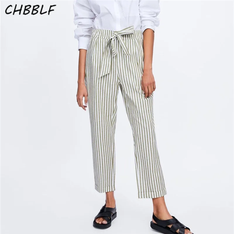 

CHBBLF women bow tie sashes pants casual strip ankle length trousers pantalones mujer NJN1383
