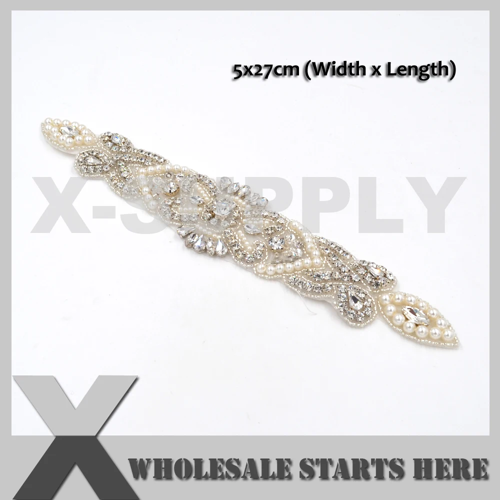 

(5x27cm) Crystal Pearl Ion On Rhinestone Appliques for Wedding Bridal Dress,Headbands,X1-RAT2548