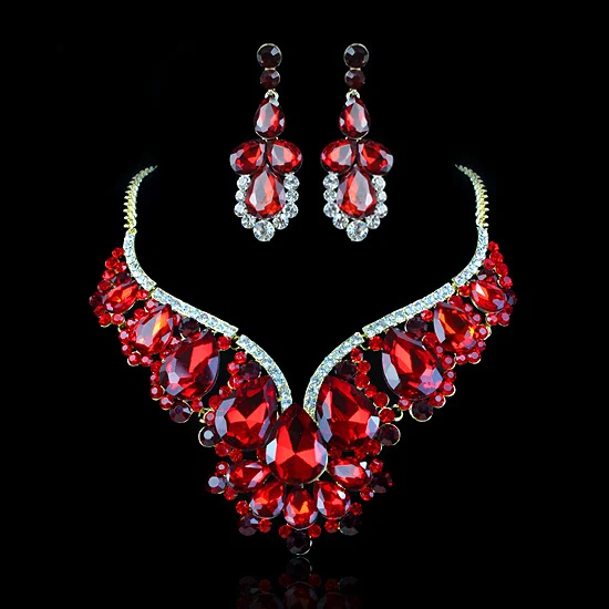 Wedding Bridal Jewelry Set For Brides Red Crystal Water Drop Wedding Bridal Jewelry Set For Brides Red Crystal Water Drop Earrings Necklace Prom Party Dress Accessories