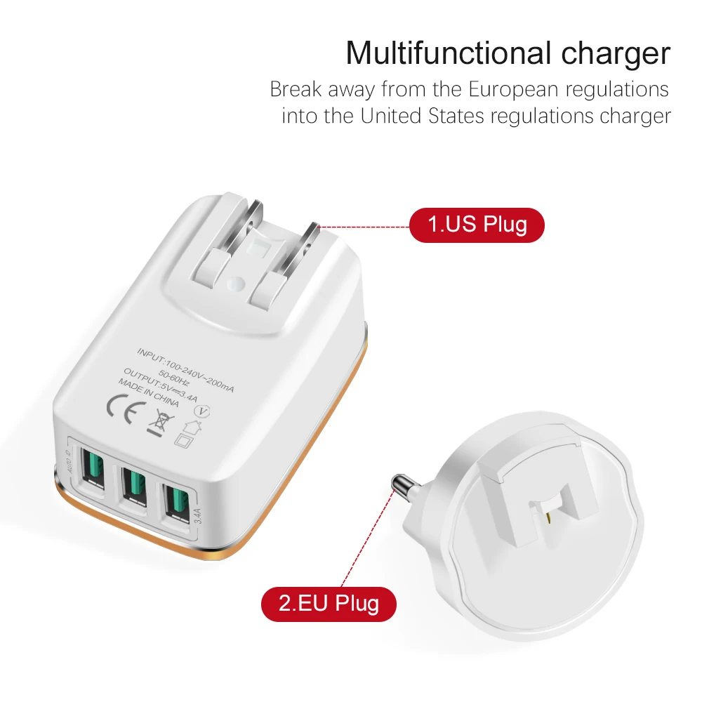 OALF 2 في 1 الاتحاد الأوروبي الولايات المتحدة التوصيل 3 منافذ شاحن يو اس بي 3.4A سريع شحن الهاتف المحمول شواحن ل iphone سامسونج Xiaomi جدار USB محول