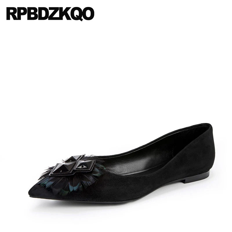 

crystal real leather diamond rhinestone pointed toe suede black large size handmade ladies beautiful flats shoes women genuine