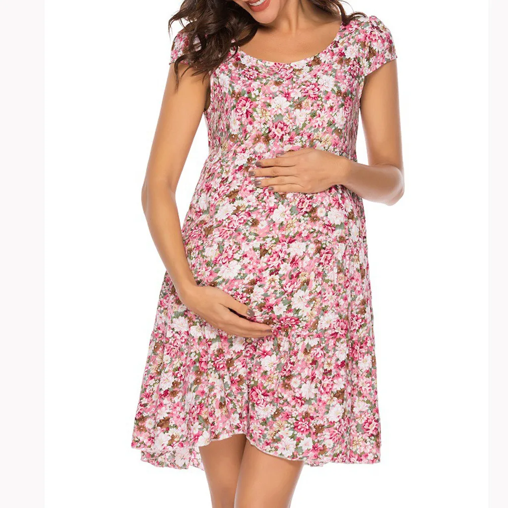 Летнее новое модное сексуальное платье для беременных с круглым вырезом и цветочным принтом, с коротким рукавом, платье для беременных,,, Z4