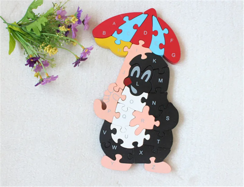 

New wooden toy Animal Cartoon mouse 26 piece English letters and digital cognitive Wooden Jigsaw Puzzle Free shipping