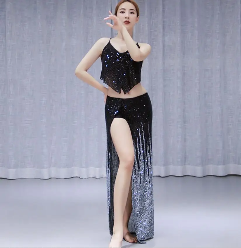 Корейский дизайн сексуальный костюм для восточных танцев 2 шт женский танец живота шоу наряд блестки на платье длинная юбка Золотой
