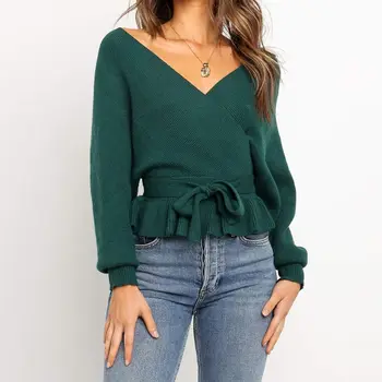 

2019 Autumn Women Sexy Cross V Neck Backless Lace Up Bow-Tie Long Sleeve Ribbed Top Blouse