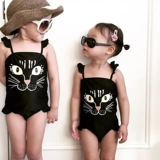 Best Price Girls One Piece Swimwear bikini Children's Swimwear Bathing Suits Baby Swimming Suit Cartoon Cat Toddler Swim Wear Ruffle Side