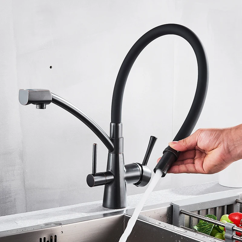 POIQIHY фильтр чистой воды кухонный кран латунь 3 режима Pull вниз фильтрованные Кухонные смесители с двойной ручкой носик горячая холодная смеситель кран