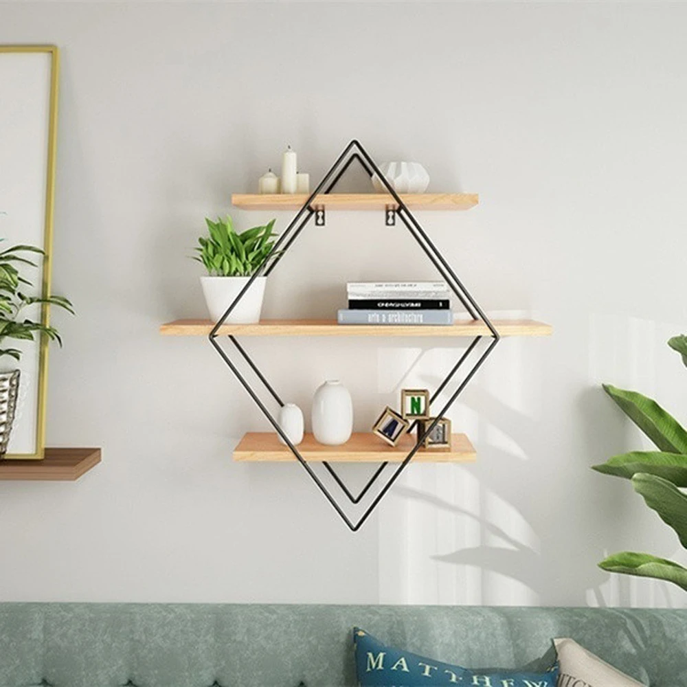 

Nordic living room bedroom Metal Wall Shelf racks wrought iron wall hanging wooden wall storage rack creative wall partition