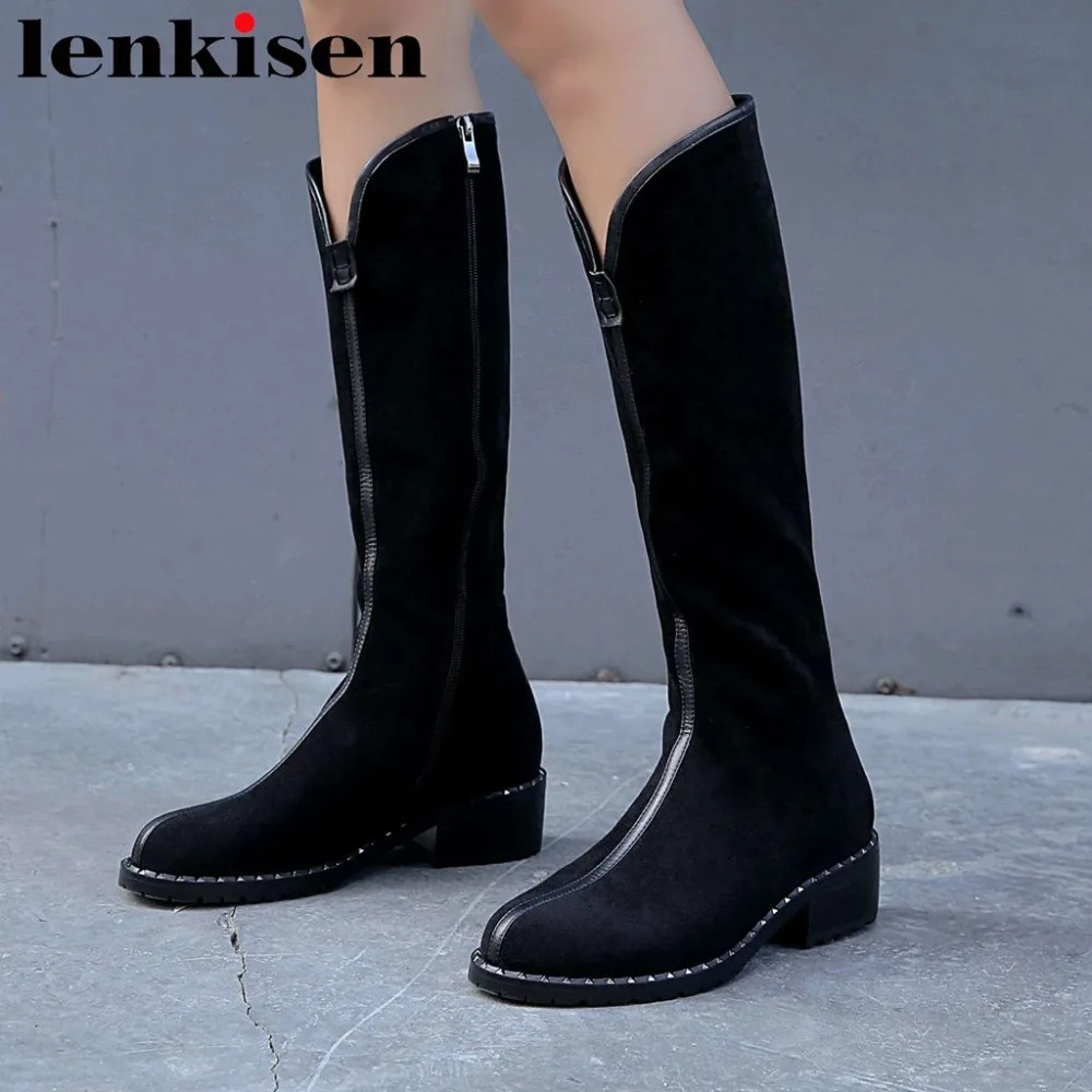 

2018 hot sale winter short plush balck color low heels round toe zipper rivets decoration female western knee-high boots L22