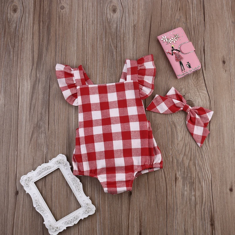 

Summer 2017 Kids Baby Girl Red Plaid Romper Fly Sleeve Cross Jumpsuit Bowknot Headband Outfit Clothes 0-18M AU