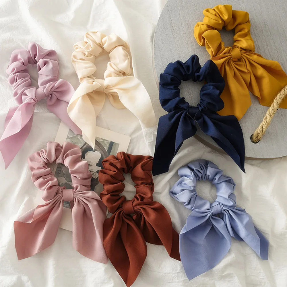 

2019 New Candy Color Women Chiffon Hair Bow Elastic Hair Bands Ponytail Holder Scrunchie Rubber Bands Fashion Hair Accessories