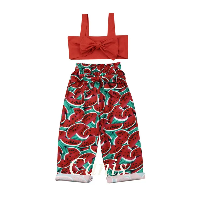 

Kids Baby Girl 2Pcs Outfits Fashion Cool Summer Sleeveless Sling Bow Crop Tops Watermelon Bow Belt Wide Leg Pants Sets 6M-5Y