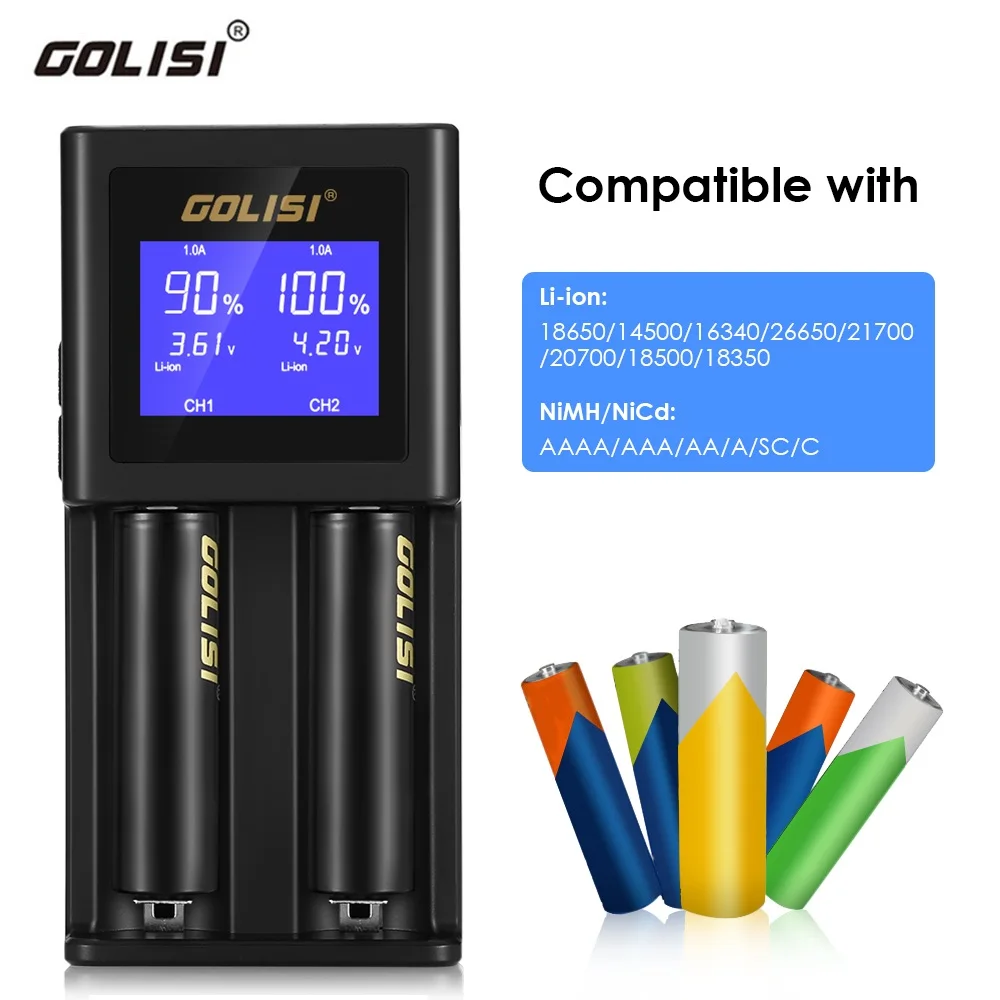 GOLISI S2 умное зарядное устройство lcd для 18650 20700 26650 Li Ion Ni MH Cd AA AAA перезаряжаемая