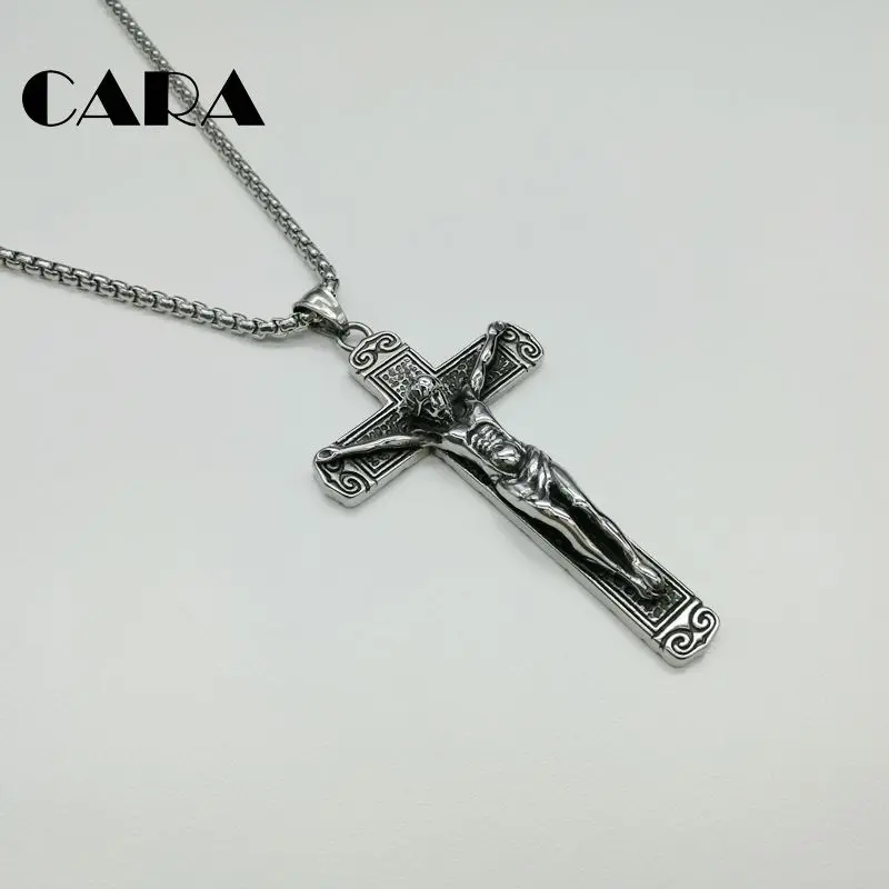 

2019 New Crucifix Cross Jesus Piece Pendant & Necklace silver Color 316L Stainless Steel Men Chain Christian Jewelry CARA0129