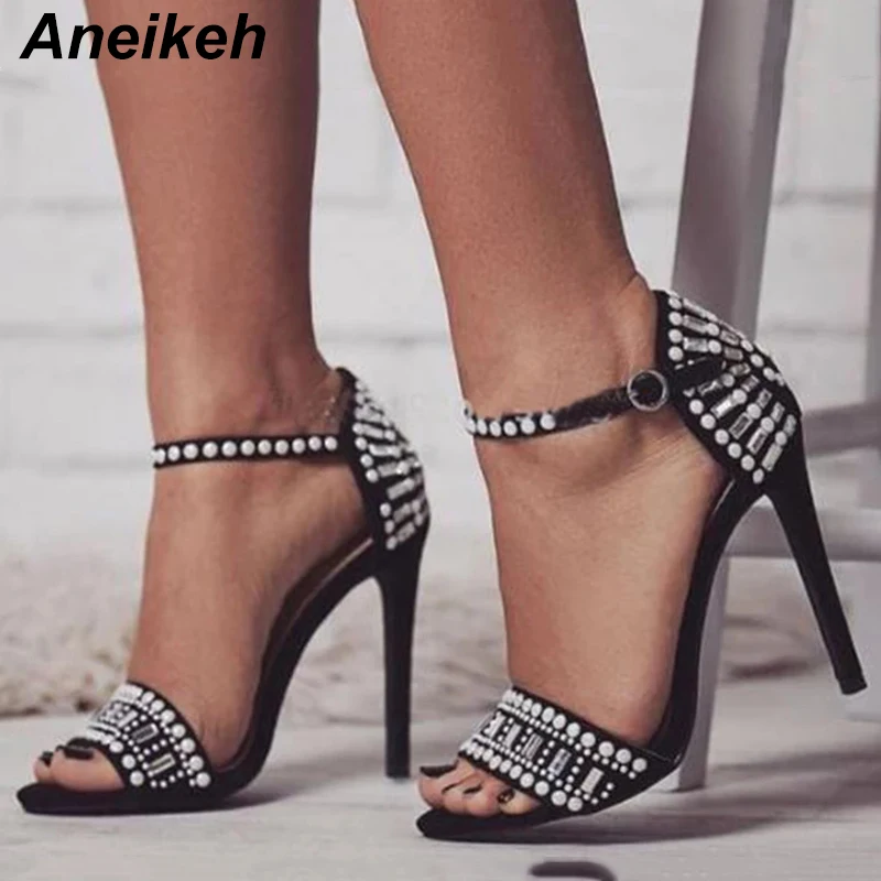 

Aneikeh Women Fashion Open Toe Rhinestone Gladiator Sandals Cut-out Crystal Ankle Strap High Heel Sandals Dress Shoes Size 41 42