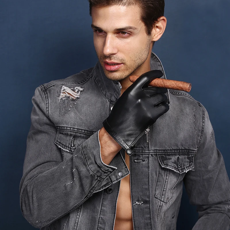 man 2017 fashion real first class Italy leather lamb skin wrist  button with zipper gloves