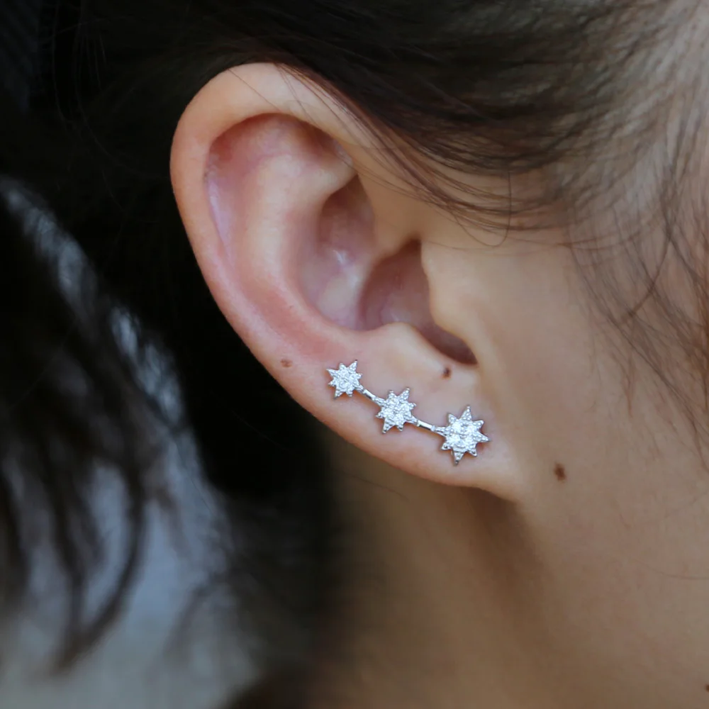 

100% 925 Sterling silver for Christmas gift 2018 new arrived three star northstar Starburst paved cz long climber star earring