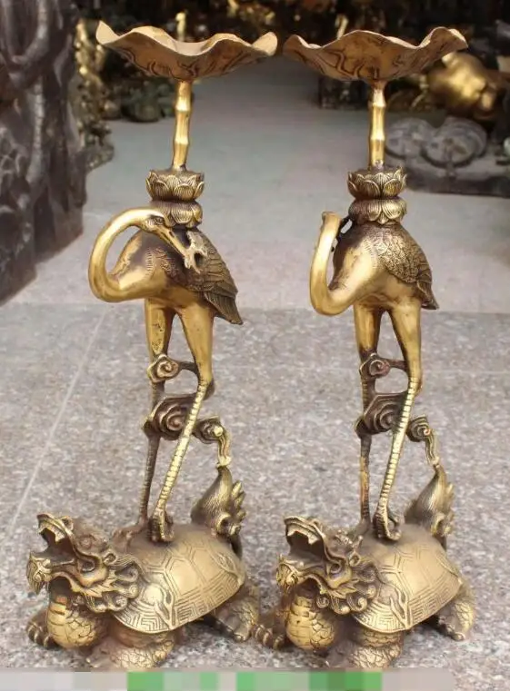 

S02722 18" Chinese Bronze Dragon Turtle Tortoise Crane Candlestick Holder Ruyi Pair