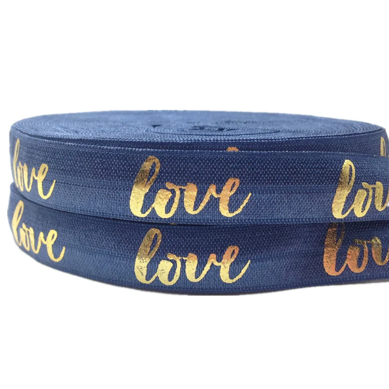 denim gold 16 мм Золотая Серебряная фольга любовь печать сложить над эластичным 10Y FOE атласная лента для DIY головной убор браслет торговля аксессуарами для волос - Цвет: denim gold
