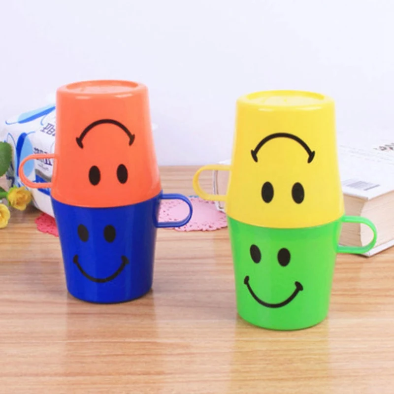 

6Pcs Kids Plastic Smiley Face Cups-Handled Mugs Camp/Travel Party Set