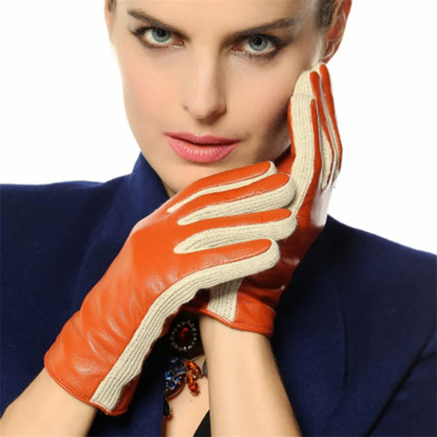 2018 Two Tone Female Glove With Long Fleece Lining Women's Lambskin