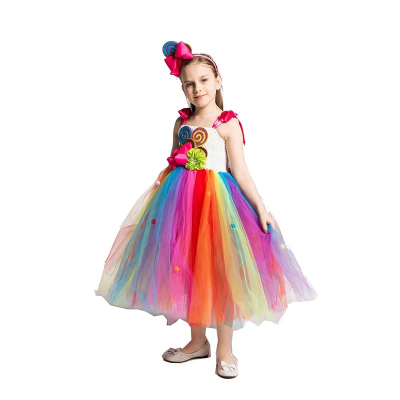 Школьные костюмы для девочек; детское трикотажное платье ярких цветов радуги; детское бальное платье из тюля с повязкой на голову - Цвет: Candy Dress A