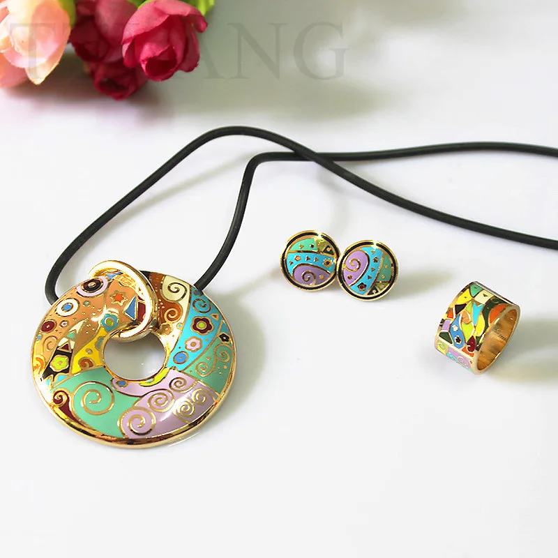 

Colorful Spring Leaf River Design Enamel Jewelry Set (Necklace, Earring, Ring)