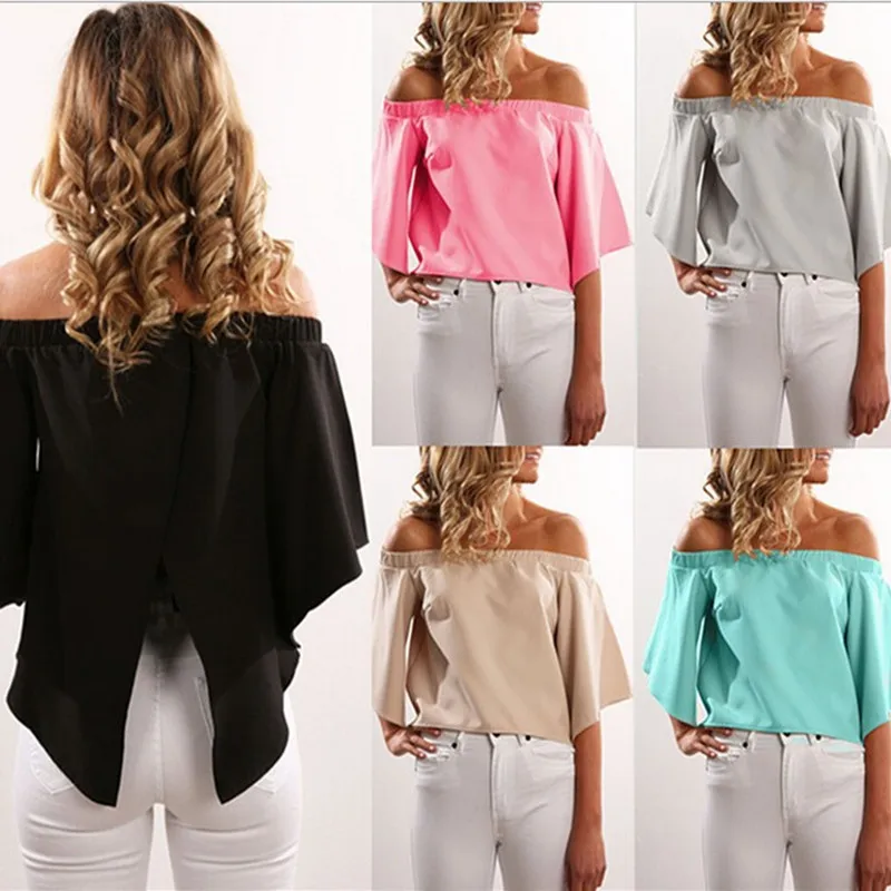 

New Arrival 2016 Women Sexy Strapless Irregular Hollow Candy-Colored Chiffon Shirt Fashion Off The Shoulder Pom Trim Blouse