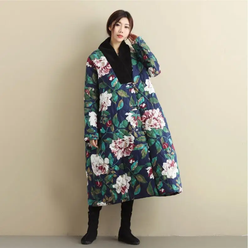 

Oriental Asian China Japan Korea Cotton padded jacket loose retro winter Comfort Edition Large Size Linen peony Pattern Coat