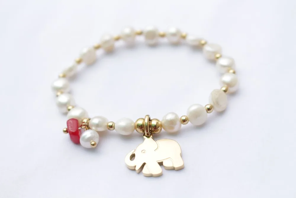 

Freshwater Pearls Bracelet, 316 Stainless Steel Cute Elephant Bracelet, Beautiful Charm Beads Gift For Women