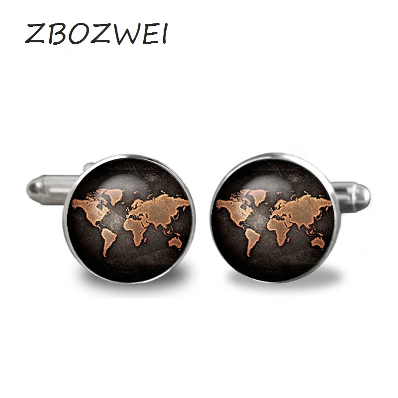 

ZBOZWEI 2018 Black Globe World Map Cufflinks plated vintage World Map Cuff Men and Women Accessories Antique Vintage Bronze