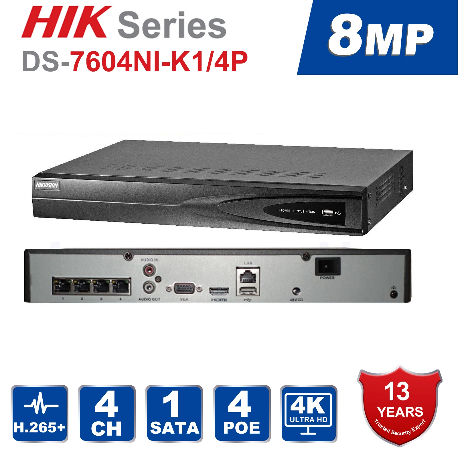 

Hik Original English 4CH PoE NVR DS-7604NI-K1/4P 4 Channel Embedded Plug Play 4K NVR with 4 PoE Ports for IP Camera CCTV System