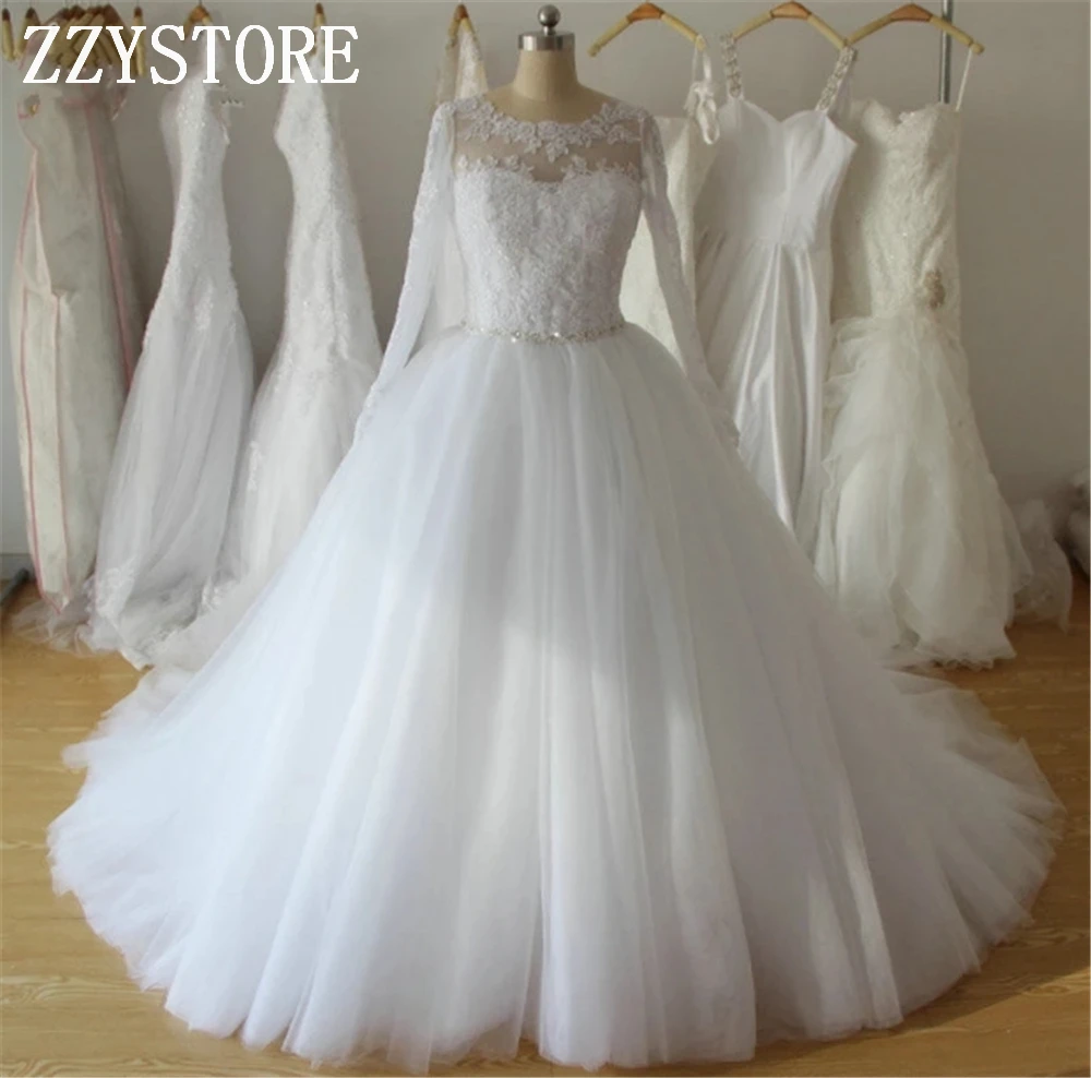 

Luxury Long Sleeves White Organza And Tulle Beading Court Train Appliques Real Images Custom-Made Arabic White wedding dresses