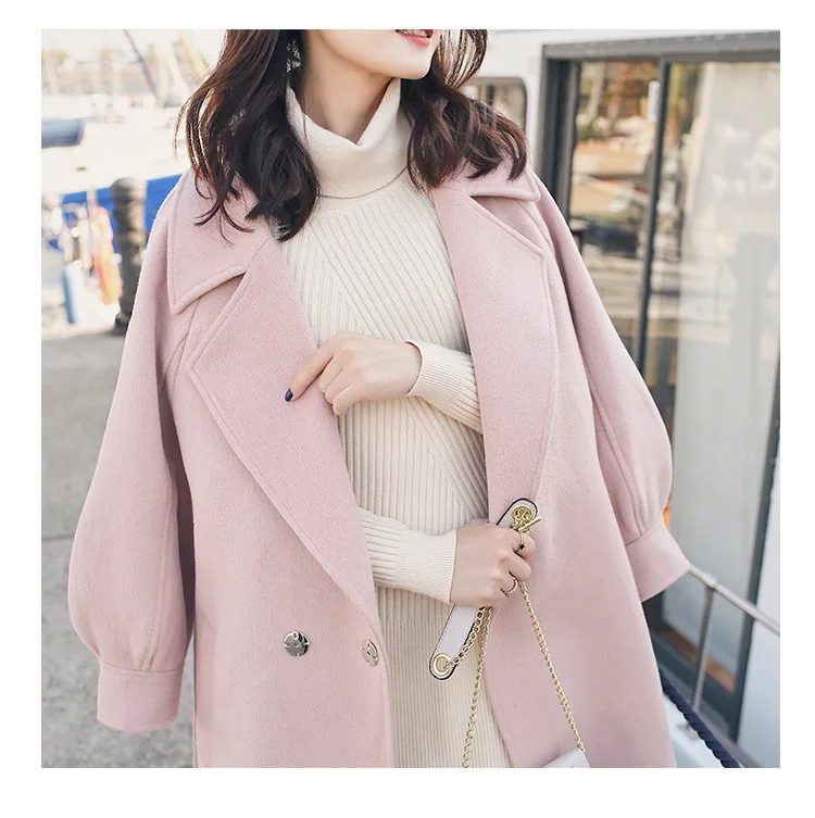 KoHuiJoo X-Long шерстяное Женское пальто весна осень прочный фонарь с рукавом шерстяное пальто Женская куртка с разрезом верхняя одежда розовый бежевый