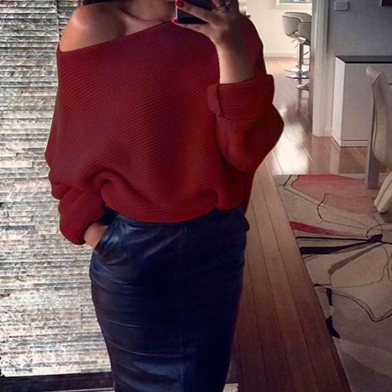 

Sexy Shoulder-exposed Solid Color Long Sleeve Women Sweater 7 Colors Loose Batwing Sleeve 2019 Autumn Casual Women Sweaters