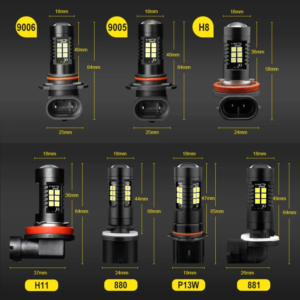 2pcs Car LED Lamps H11 H8 LED Bulbs HB4 Led HB3 9006 9005 P13W Yellow amber White 1200Lm 12V Car Driving Lamp Replace Lights