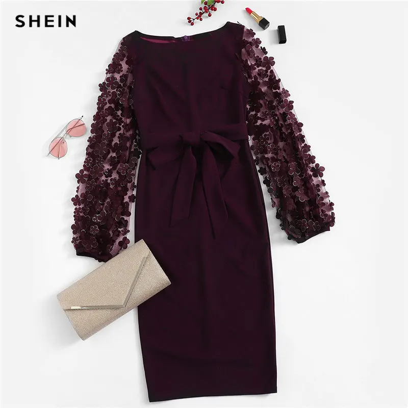 flower applique mesh sleeve form fitting dress