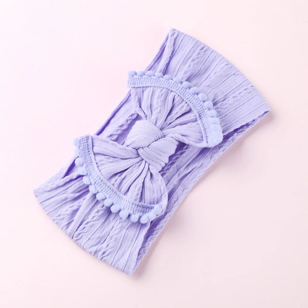 Вязаный бант из нейлона, ободки с помпоном, широкие нейлоновые повязки на голову, подарок для девочек, аксессуары для волос - Цвет: Lavender