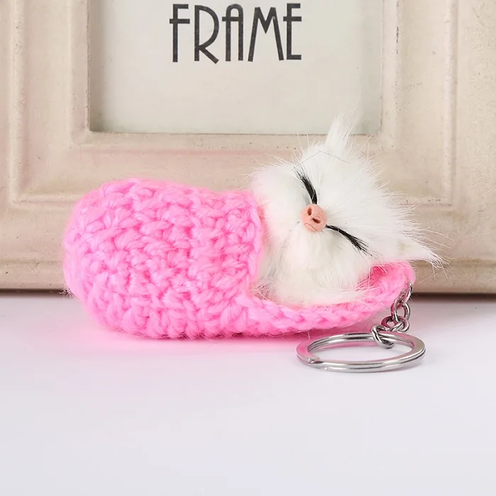 Exknl спящий Кот помпон Брелки для женщин девочек ручной работы тканые туфли Искусственный Кролик Мех котенок брелки пушистый автомобильный брелок - Цвет: pink1