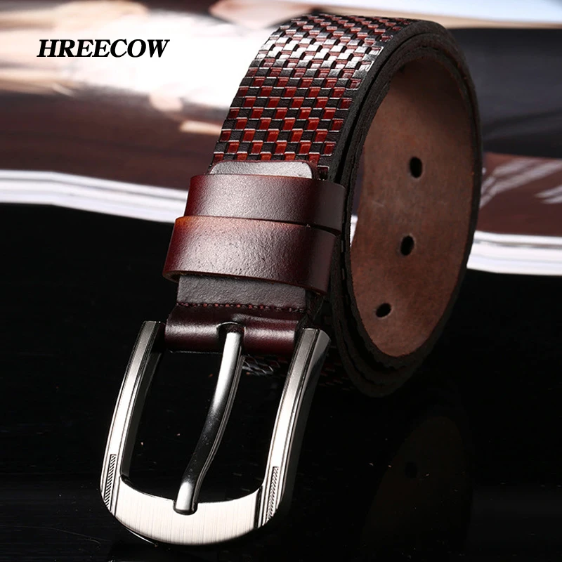 New Men&#39;S Fashion 100% Genuine Leather Belt Pin Buckle Black and Red Grid Luxury Design Leather ...