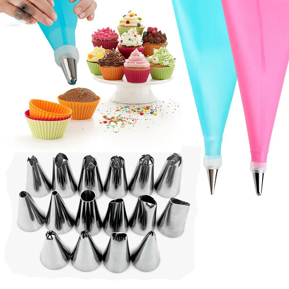 18 PCS/Set Silicone Pastry Bag Nozzles Tips DIY Icing Piping Cream Reusable Bags +16 Nozzle Set Cake Decorating Tools | Дом и сад