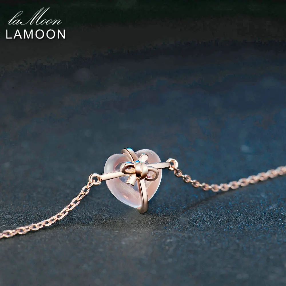 LAMOON Heart 9x10mm 100% Natural Gemstone Rose Quartz 925 Sterling Silver Jewelry S925 Charm Bracelet LMHI047
