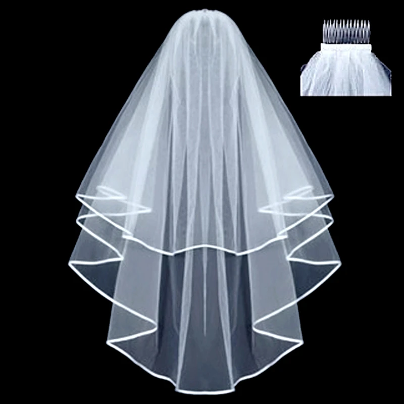 2021 Elegant Short Woman Bridal Veils 2 layers 75 CM With Comb Ivory Veil for Bridal Cut Edge Tulle Wedding Veil Ribbon Edge